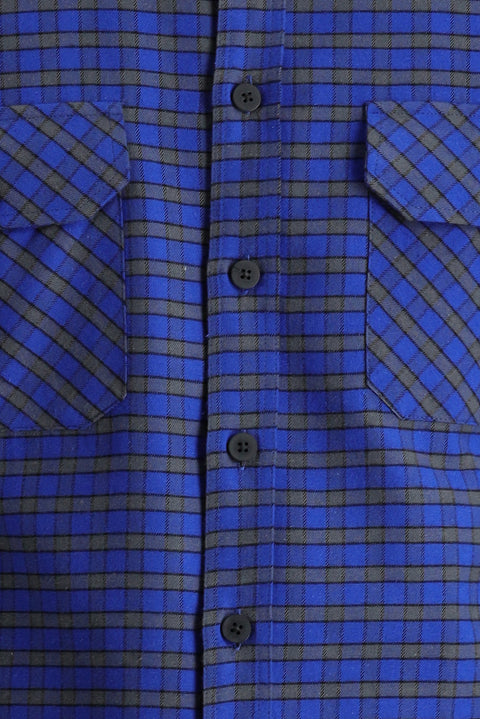 Navy Blue Long Sleeve Slim Fit Narrow Cut Plaid Shacket Lumberjack Cotton Shirt