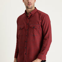Açık Kırmızı Uzun Kol Slim Fit Dar Kesim Ekose Shacket Oduncu Pamuklu Gömlek