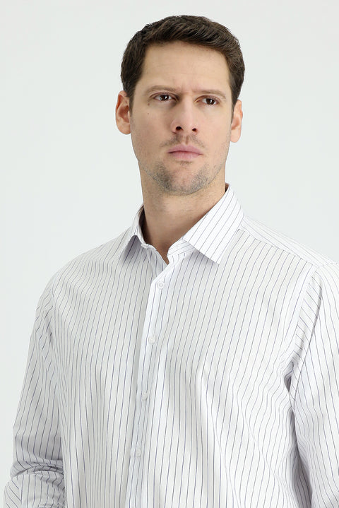 Orta Lacivert Uzun Kol Klasik Çizgili Pamuk Gömlek