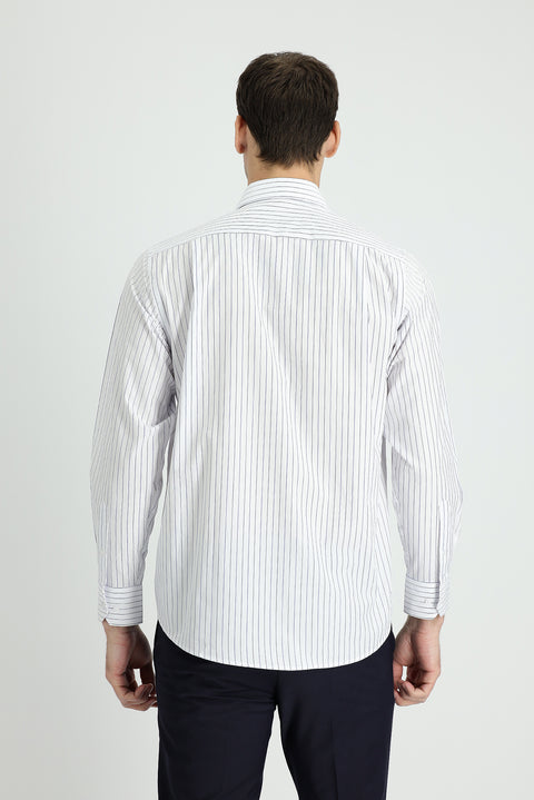 Orta Lacivert Uzun Kol Klasik Çizgili Pamuk Gömlek