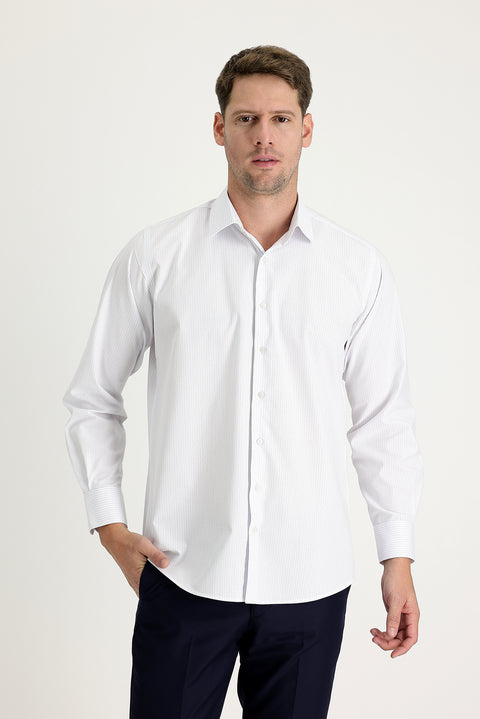 Açık Lacivert Uzun Kol Regular Fit Çizgili Pamuklu Kolay Ütülenebilir Gömlek