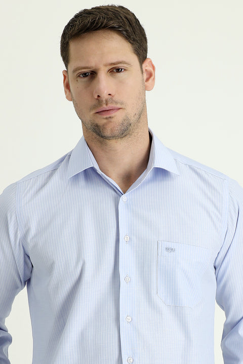 Uçuk Mavi Uzun Kol Regular Fit Çizgili Pamuklu Kolay Ütülenebilir Gömlek