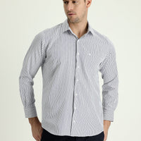 Koyu Lacivert Uzun Kol Regular Fit Çizgili Pamuklu Gömlek