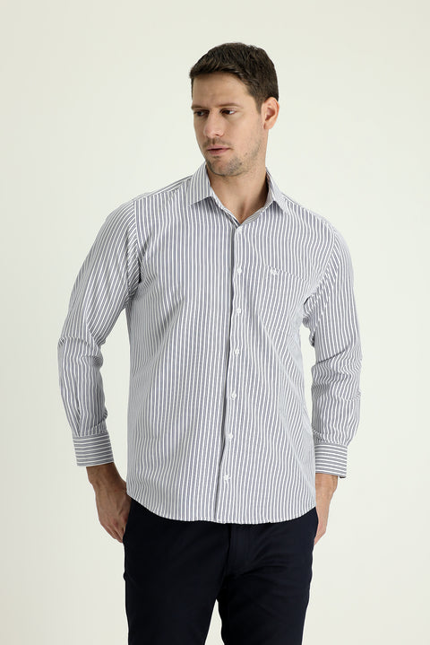 Koyu Lacivert Uzun Kol Regular Fit Çizgili Pamuklu Gömlek