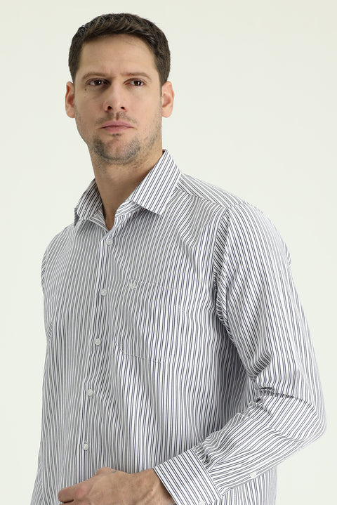 Koyu Lacivert Uzun Kol Regular Fit Çizgili Pamuklu Gömlek