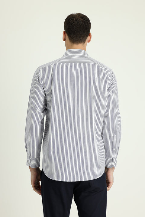 Koyu Lacivert Uzun Kol Regular Fit Çizgili Pamuklu Gömlek