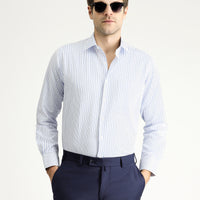 Açık Mavi Uzun Kol Regular Fit Çizgili Pamuklu Gömlek