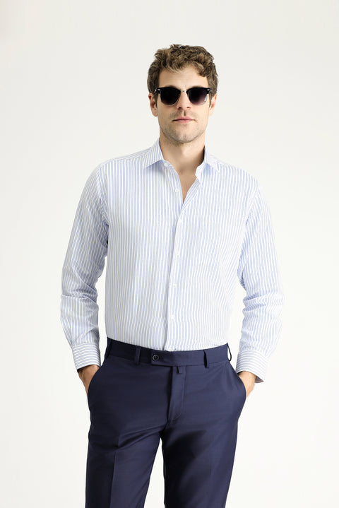 Açık Mavi Uzun Kol Regular Fit Çizgili Pamuklu Gömlek