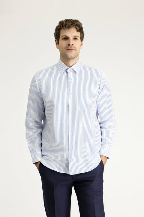 Açık Mavi Uzun Kol Regular Fit Çizgili Pamuklu Gömlek