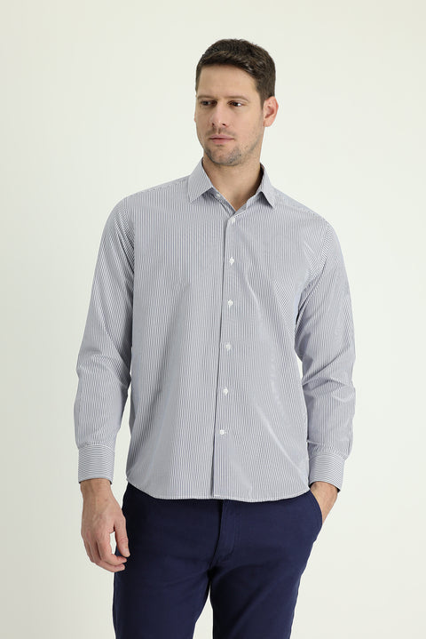 Medium Navy Long Sleeve Regular Fit Striped Cotton Shirt