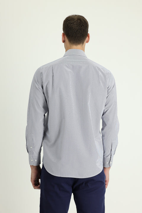 Medium Navy Long Sleeve Regular Fit Striped Cotton Shirt