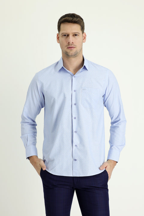 Light Blue Long Sleeve Regular Fit Plaid Cotton Shirt