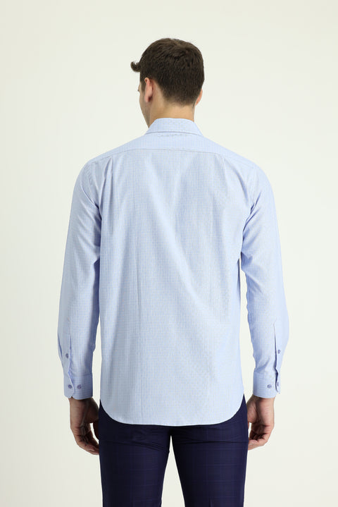 Light Blue Long Sleeve Regular Fit Plaid Cotton Shirt