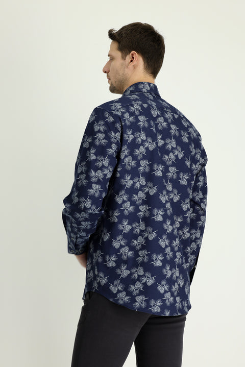 Koyu Lacivert Uzun Kol Regular Fit Baskılı Pamuk Gömlek