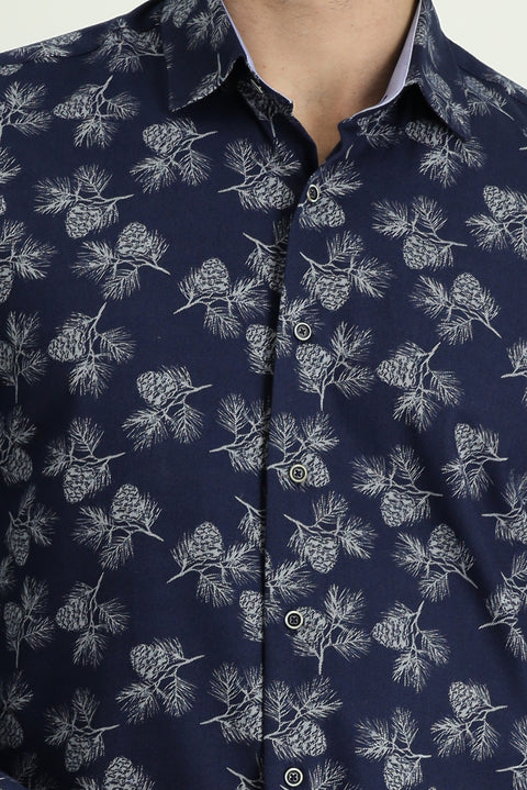 Koyu Lacivert Uzun Kol Regular Fit Baskılı Pamuk Gömlek