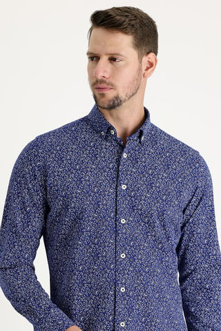  Koyu Lacivert Uzun Kol Slim Fit Dar Kesim Baskılı Pamuk Gömlek