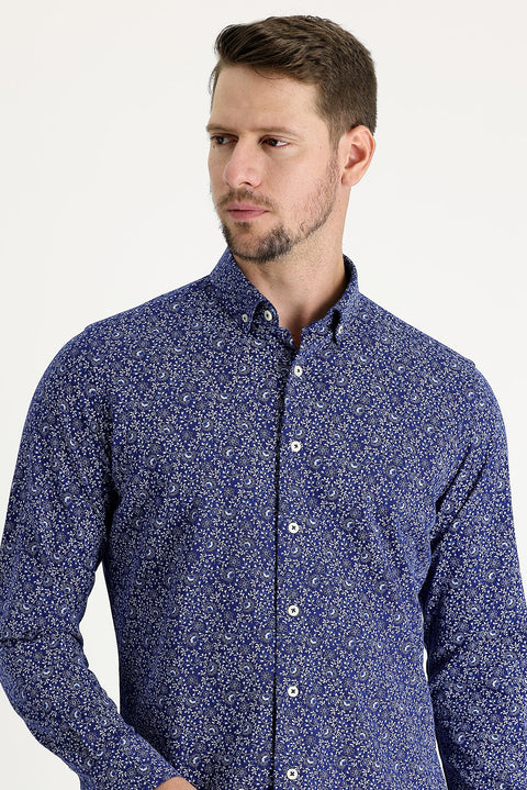 Koyu Lacivert Uzun Kol Slim Fit Dar Kesim Baskılı Pamuk Gömlek