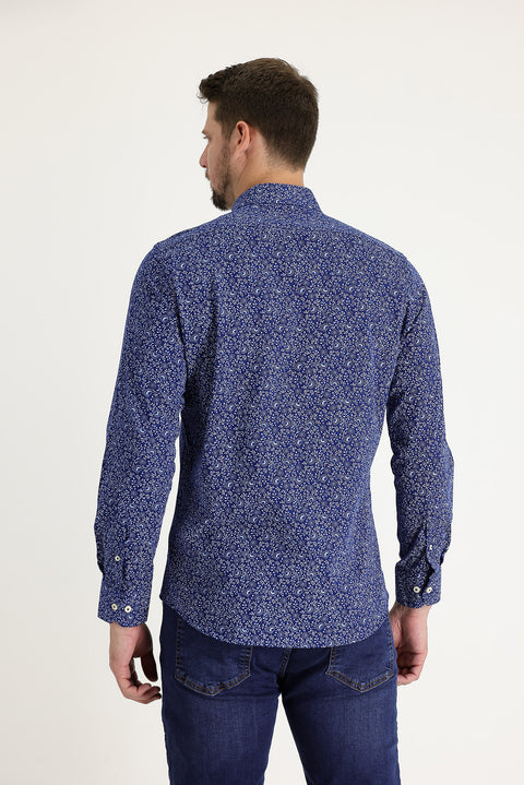 Koyu Lacivert Uzun Kol Slim Fit Dar Kesim Baskılı Pamuk Gömlek