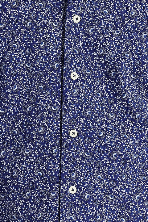 Koyu Lacivert Uzun Kol Slim Fit Dar Kesim Baskılı Pamuk Gömlek