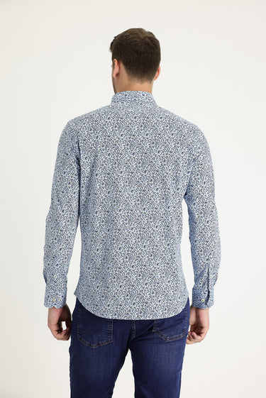 Açık Mavi Uzun Kol Slim Fit Dar Kesim Baskılı Pamuk Gömlek