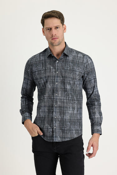  Koyu Antrasit Uzun Kol Slim Fit Dar Kesim Baskılı Pamuk Gömlek