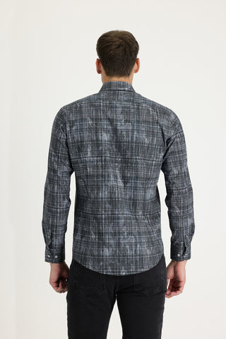  Koyu Antrasit Uzun Kol Slim Fit Dar Kesim Baskılı Pamuk Gömlek