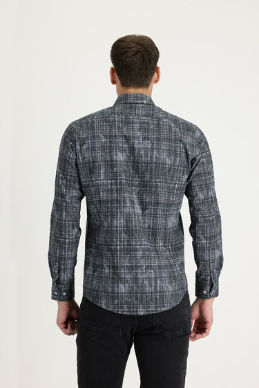  Koyu Antrasit Uzun Kol Slim Fit Dar Kesim Baskılı Pamuk Gömlek