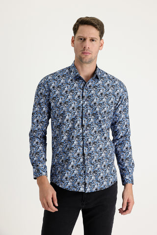  Koyu Mavi  Uzun Kol Slim Fit Dar Kesim Baskılı Pamuk Gömlek
