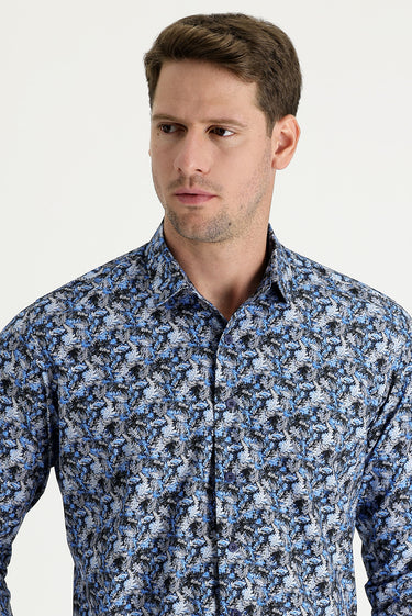 Koyu Mavi  Uzun Kol Slim Fit Dar Kesim Baskılı Pamuk Gömlek