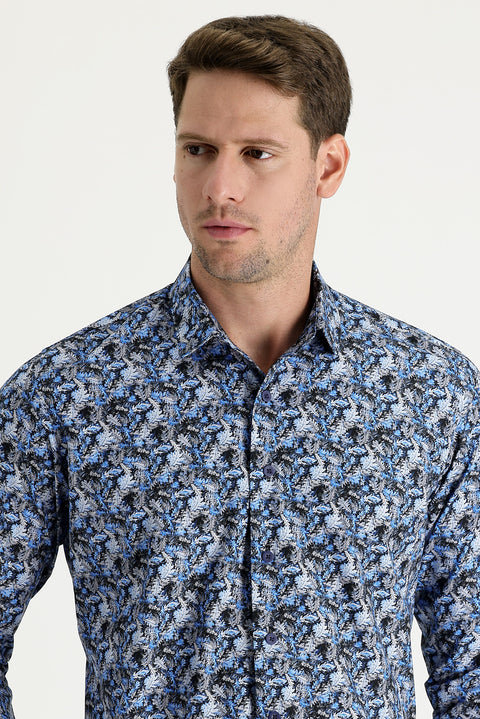 Koyu Mavi  Uzun Kol Slim Fit Dar Kesim Baskılı Pamuk Gömlek