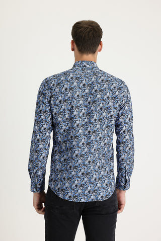  Koyu Mavi  Uzun Kol Slim Fit Dar Kesim Baskılı Pamuk Gömlek