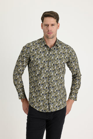  Hardal Uzun Kol Slim Fit Dar Kesim Baskılı Pamuk Gömlek
