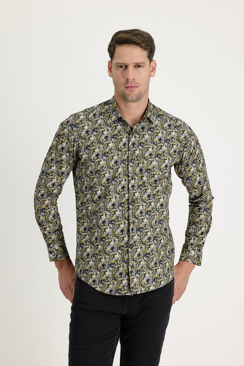 Hardal Uzun Kol Slim Fit Dar Kesim Baskılı Pamuk Gömlek