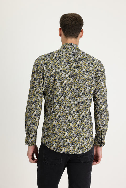 Hardal Uzun Kol Slim Fit Dar Kesim Baskılı Pamuk Gömlek