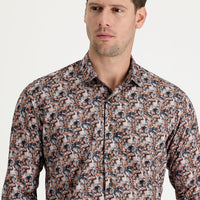 Orta Turuncu Uzun Kol Slim Fit Dar Kesim Baskılı Pamuk Gömlek