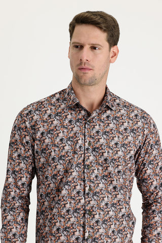  Orta Turuncu Uzun Kol Slim Fit Dar Kesim Baskılı Pamuk Gömlek