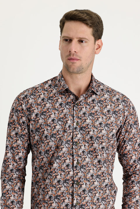 Orta Turuncu Uzun Kol Slim Fit Dar Kesim Baskılı Pamuk Gömlek