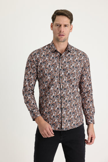 Orta Turuncu Uzun Kol Slim Fit Dar Kesim Baskılı Pamuk Gömlek
