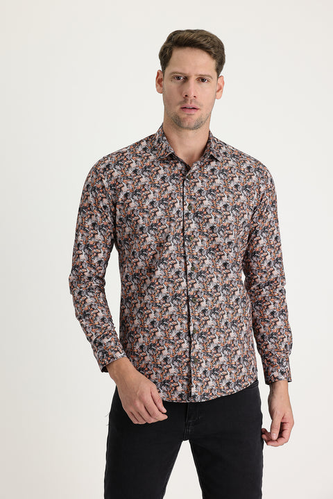 Orta Turuncu Uzun Kol Slim Fit Dar Kesim Baskılı Pamuk Gömlek