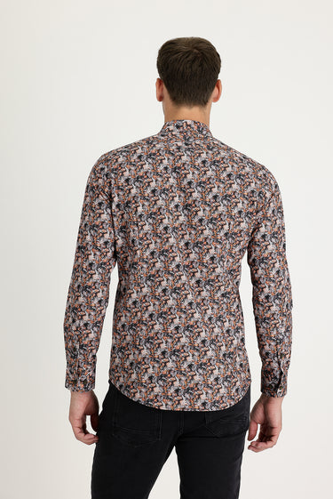 Orta Turuncu Uzun Kol Slim Fit Dar Kesim Baskılı Pamuk Gömlek