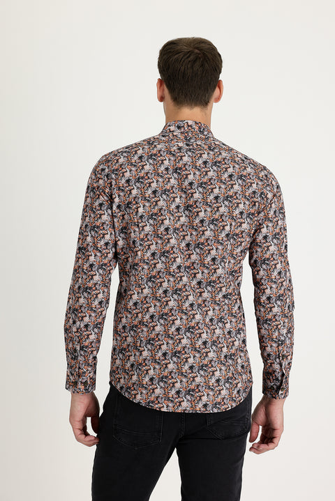 Orta Turuncu Uzun Kol Slim Fit Dar Kesim Baskılı Pamuk Gömlek