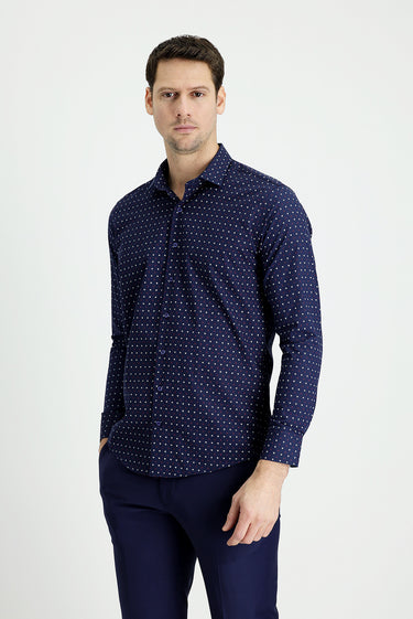 Koyu Lacivert Uzun Kol Slim Fit Dar Kesim Baskılı Pamuk Gömlek