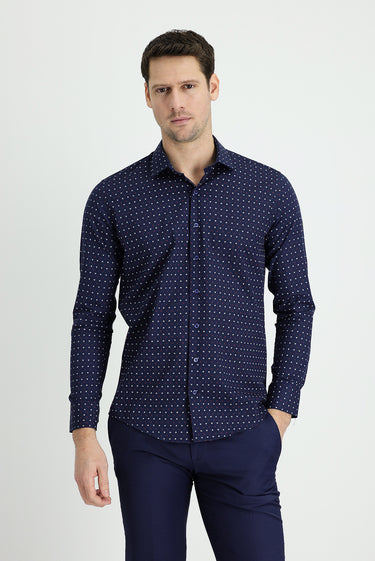 Koyu Lacivert Uzun Kol Slim Fit Dar Kesim Baskılı Pamuk Gömlek