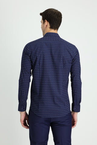  Koyu Lacivert Uzun Kol Slim Fit Dar Kesim Baskılı Pamuk Gömlek