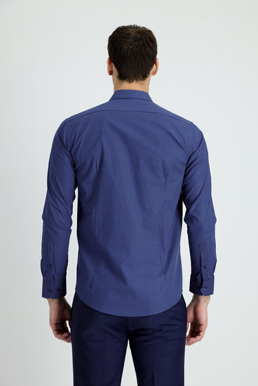 Orta Lacivert Uzun Kol Slim Fit Dar Kesim Baskılı Pamuk Gömlek