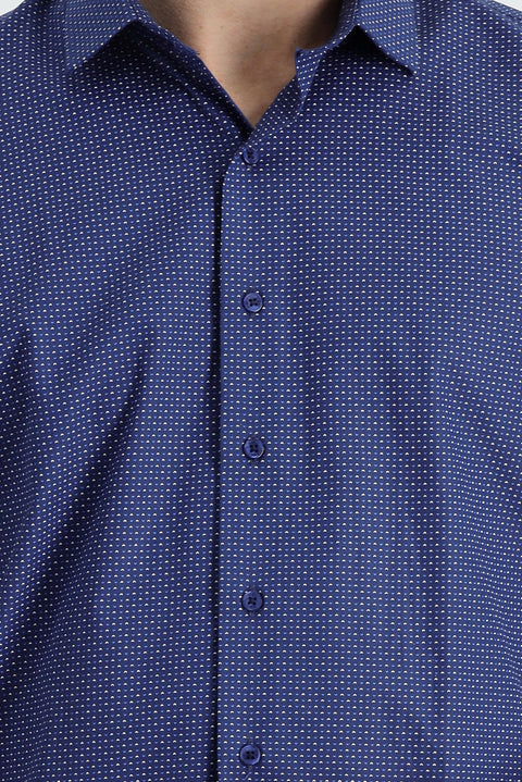 Orta Lacivert Uzun Kol Slim Fit Dar Kesim Baskılı Pamuk Gömlek