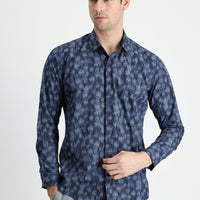 Koyu Lacivert Uzun Kol Slim Fit Dar Kesim Baskılı Pamuk Gömlek