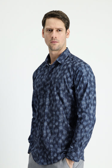 Koyu Lacivert Uzun Kol Slim Fit Dar Kesim Baskılı Pamuk Gömlek