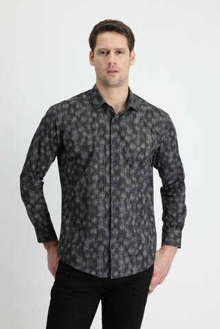  Koyu Antrasit Uzun Kol Slim Fit Dar Kesim Baskılı Pamuk Gömlek