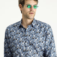 Koyu Mavi  Uzun Kol Slim Fit Dar Kesim Baskılı Pamuk Gömlek